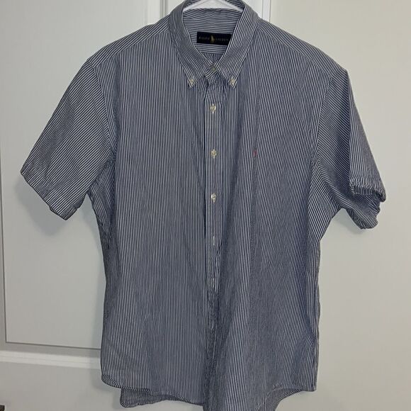 Blue Stripe Polo Ralph Lauren w/Pink pony Seersucker Short sleeve casual shirt - Picture 1 of 3